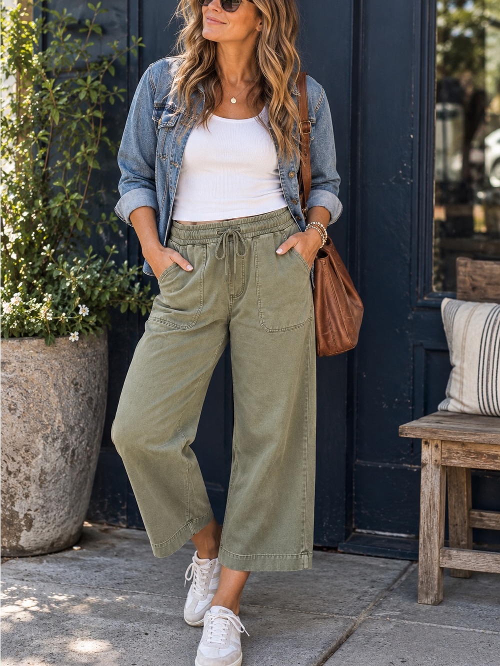 Athleta Farallon Heathered Wide Crop Pants Olive Green Size 4